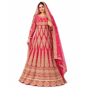 Pink & Gold Heavily Embellished Anarkali Dress Dupatta Scarf Estimated Medium
